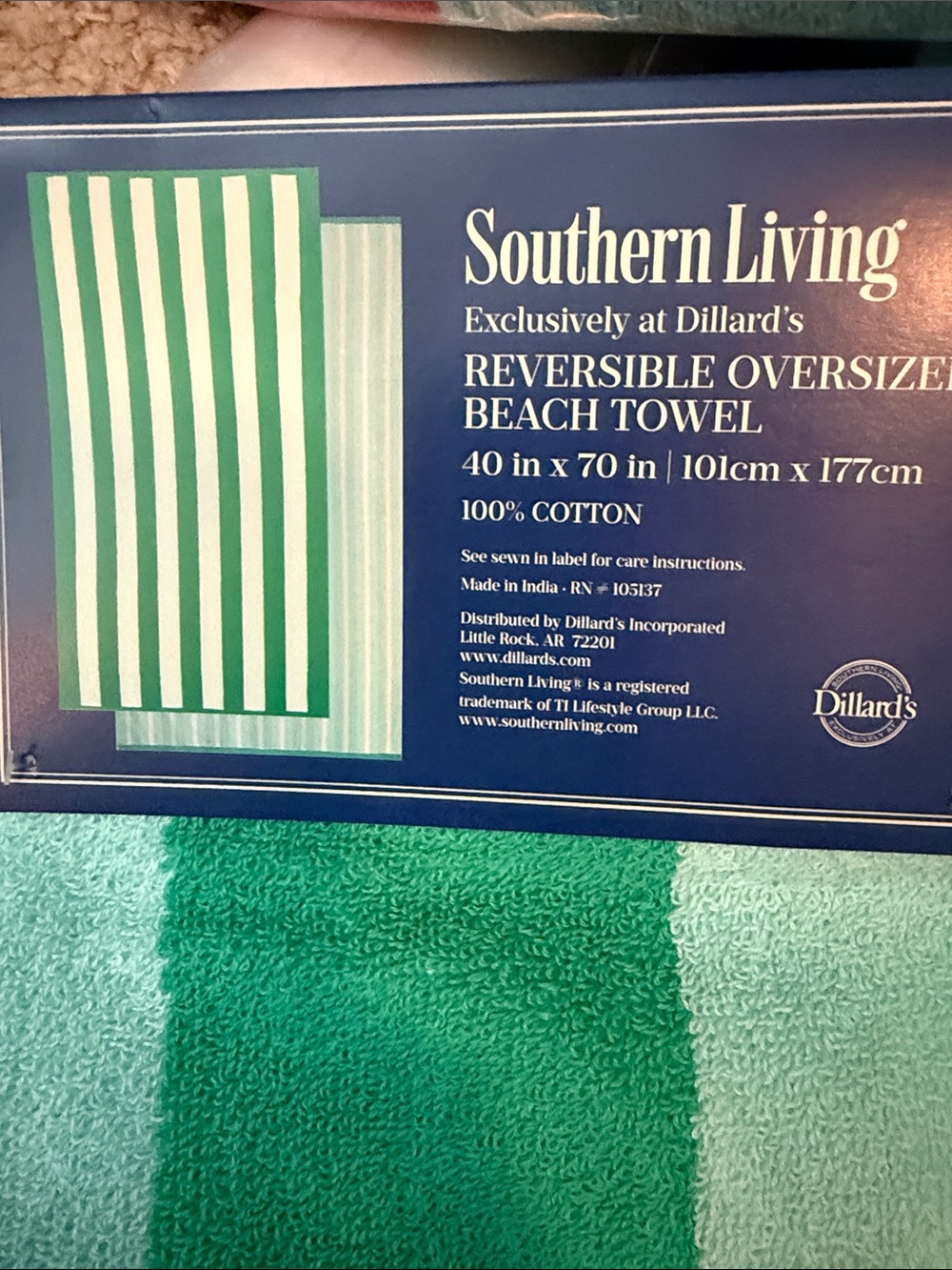 Southern Living Green Blue Striped Reversible Oversize Beach Towel 40x70 Cotton